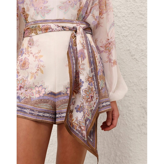 Zimmermann Luna Scarf Tie Shorts, Cream Blue Paisley